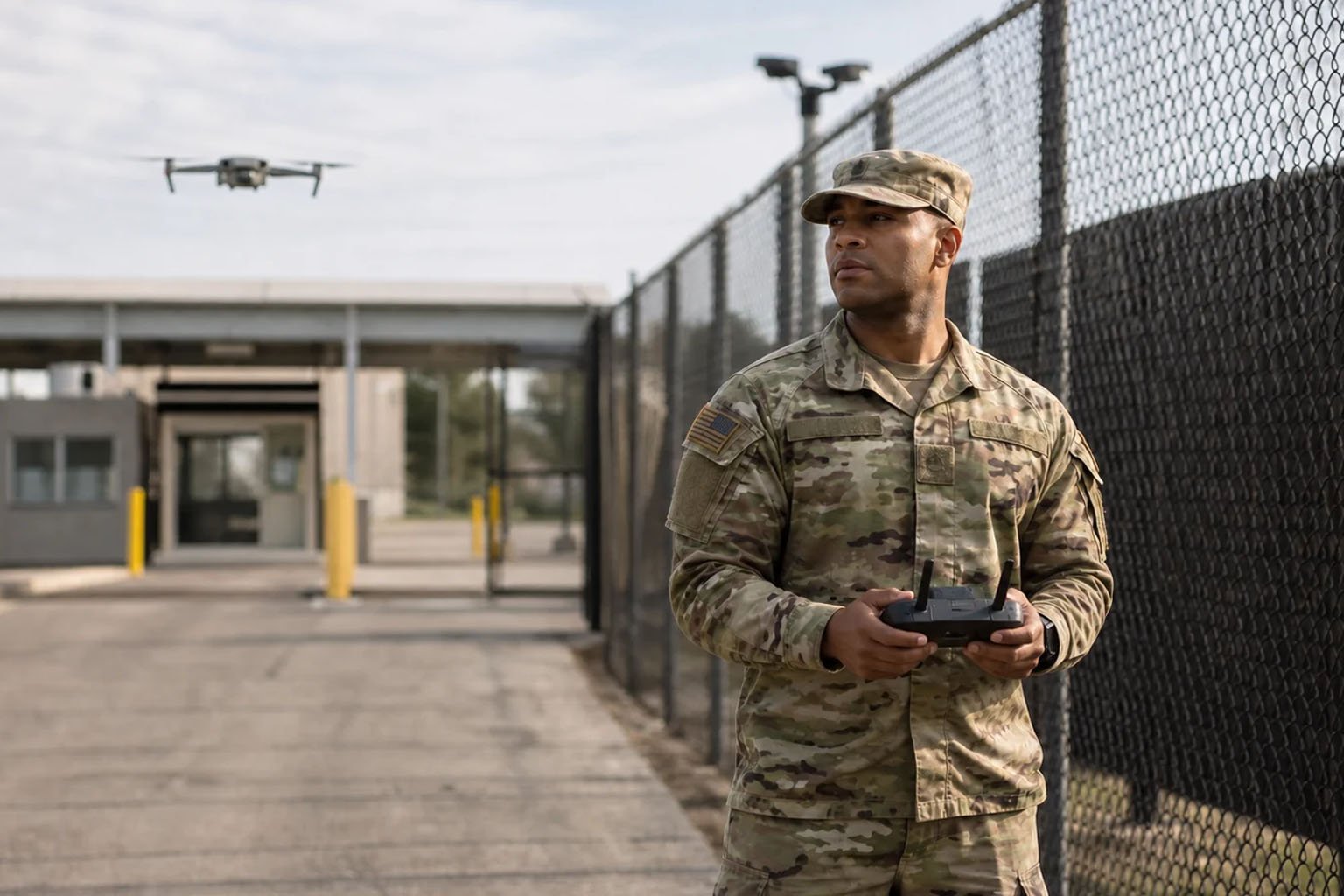 Military Personnel Operating Drone at Fenceline