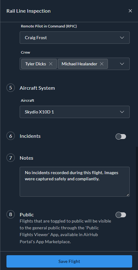 Add Flight: crew, aircraft, incidents, notes